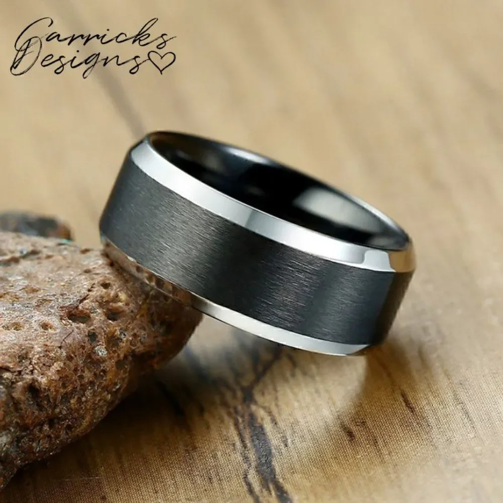 Personalized Men's Black and silver Tungsten Wedding Ring Band - Silver Edges